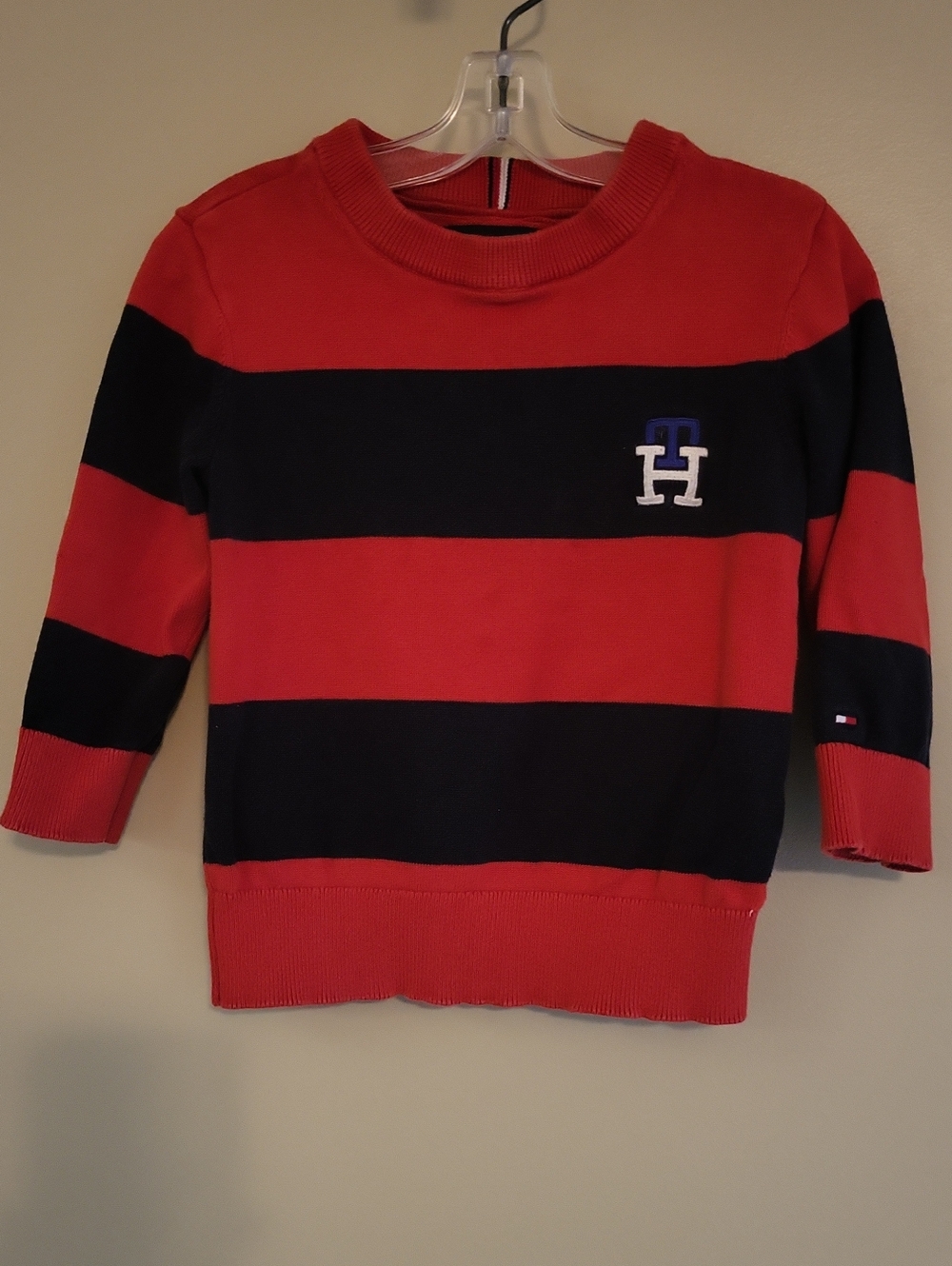 Tommy Hilfiger red and navy wide stripe crewneck sweater
